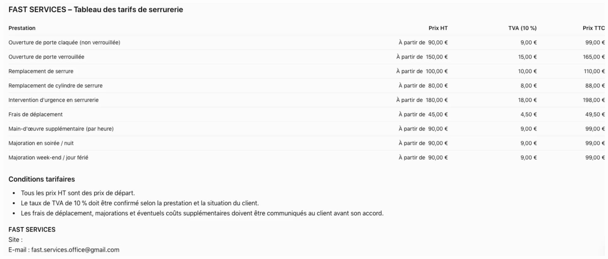 Tableau des tarifs de serrurerie Fast Services : prix HT, TVA 10 % et prix TTC de chaque prestation